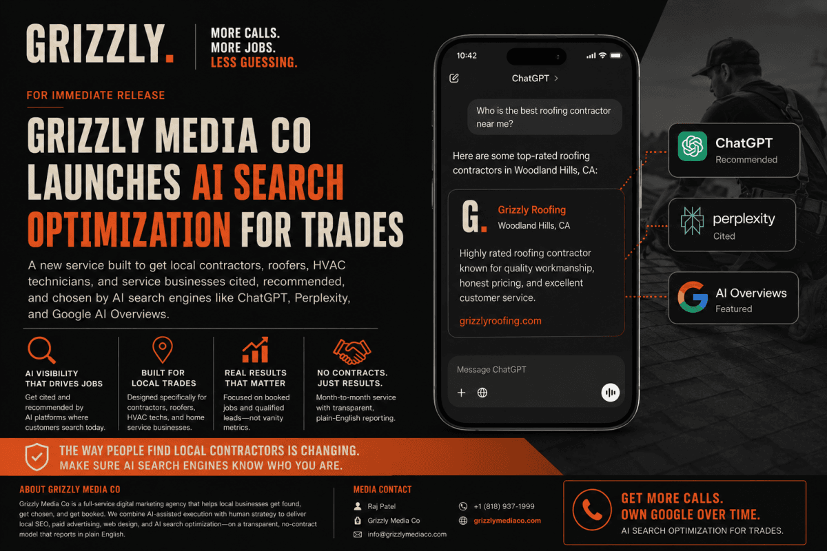 Grizzly Media Co Lança Otimização para Busca por IA para Ajudar Profissionais a Serem Citados pelo ChatGPT e Google AI